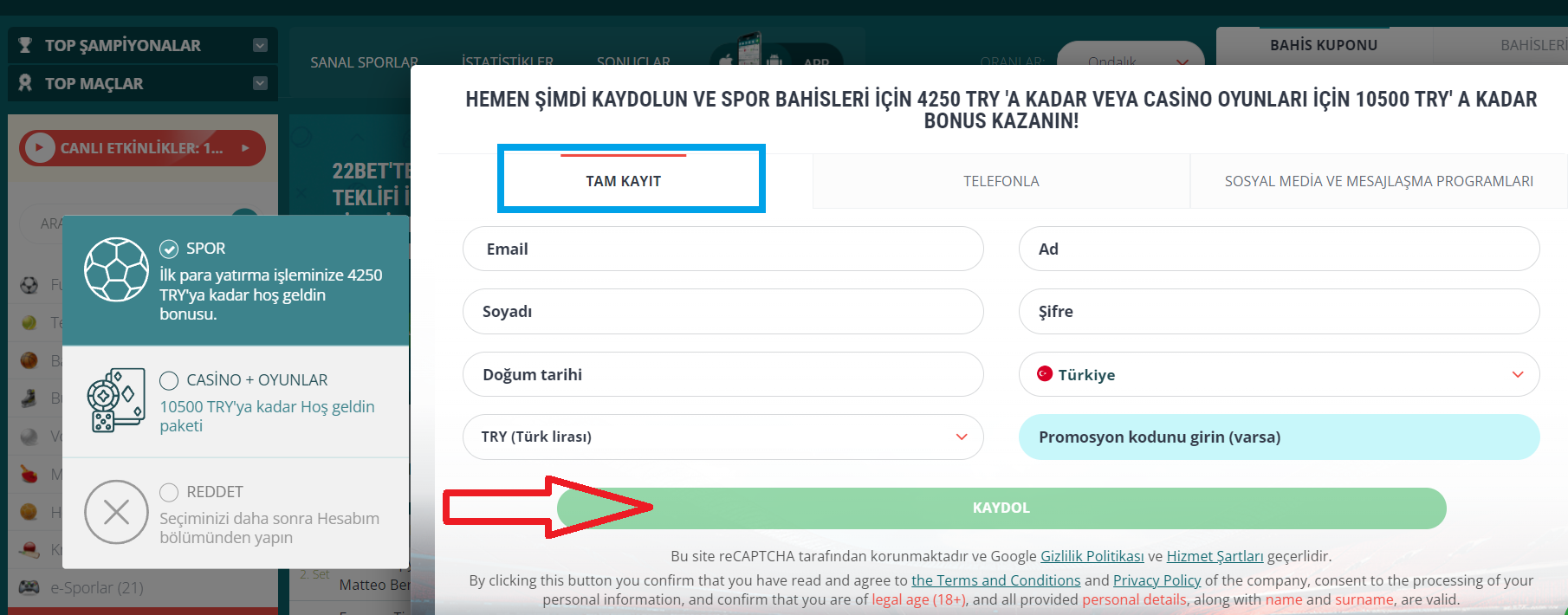 22Bet Hızlı Kayıt Rehberi